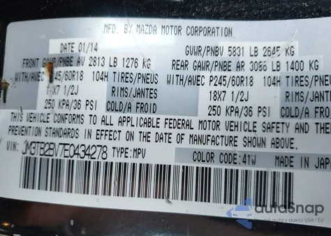 2014 Mazda Cx-9 Sport z USA, uszkodzony, nr VIN JM3TB2BV7E0434278